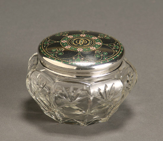 Appraisal: Tiffany Co Enamel Decorated Sterling Mounted Cut Glass Powder Jar