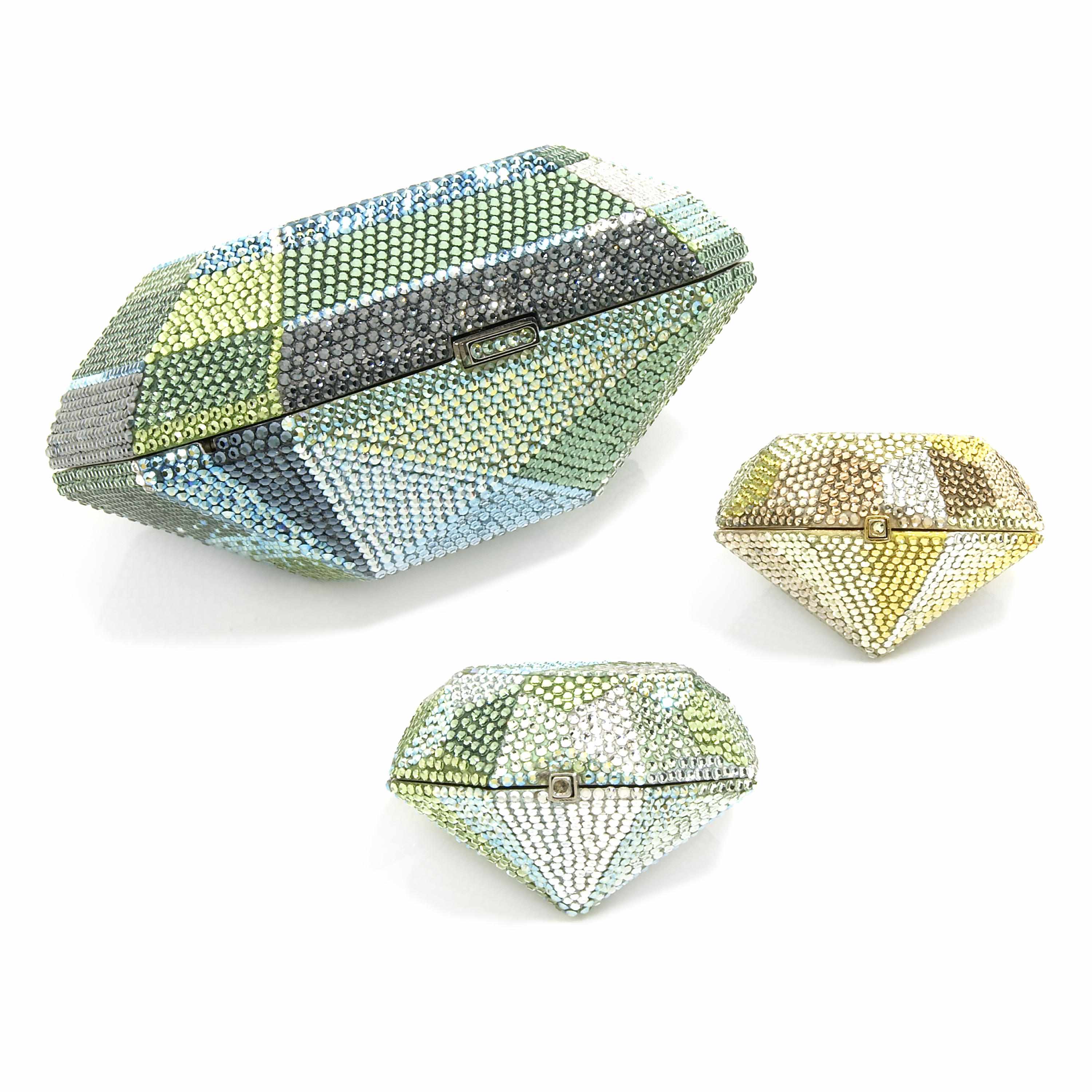 Appraisal: A green blue and multi-colored crystal geometric diamond-shaped minaudiere together