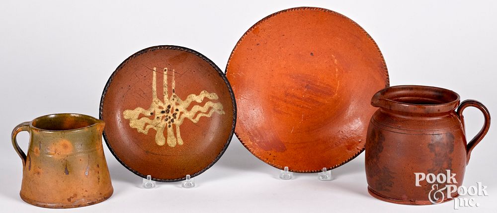 Appraisal: Four pieces of redware th c Four pieces of redware