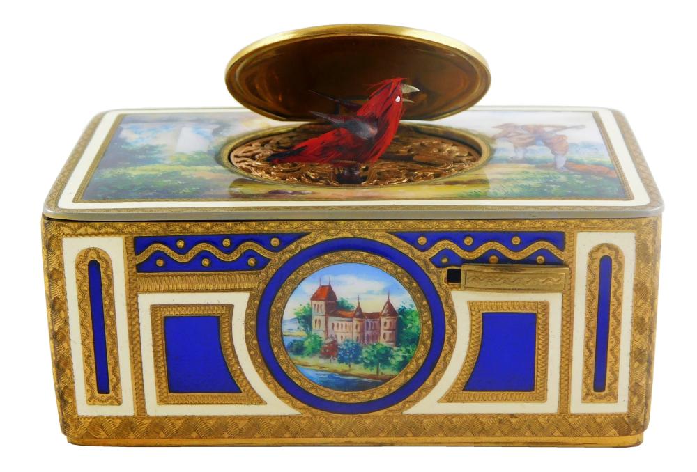 Appraisal: Automaton enamel and gilt musical bird box German early th