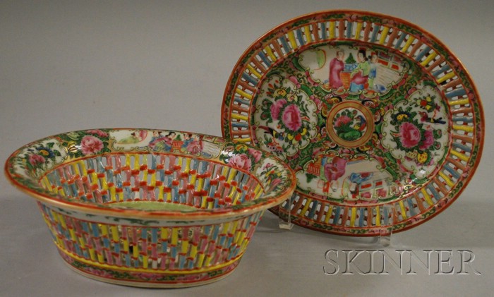 Appraisal: Chinese Export Rose Medallion Reticulated Porcelain Fruit Basket and Tray