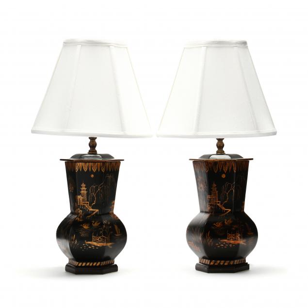 Appraisal: A PAIR OF DECORATIVE CHINOISERIE PAINTED WOOD LAMPS Late th