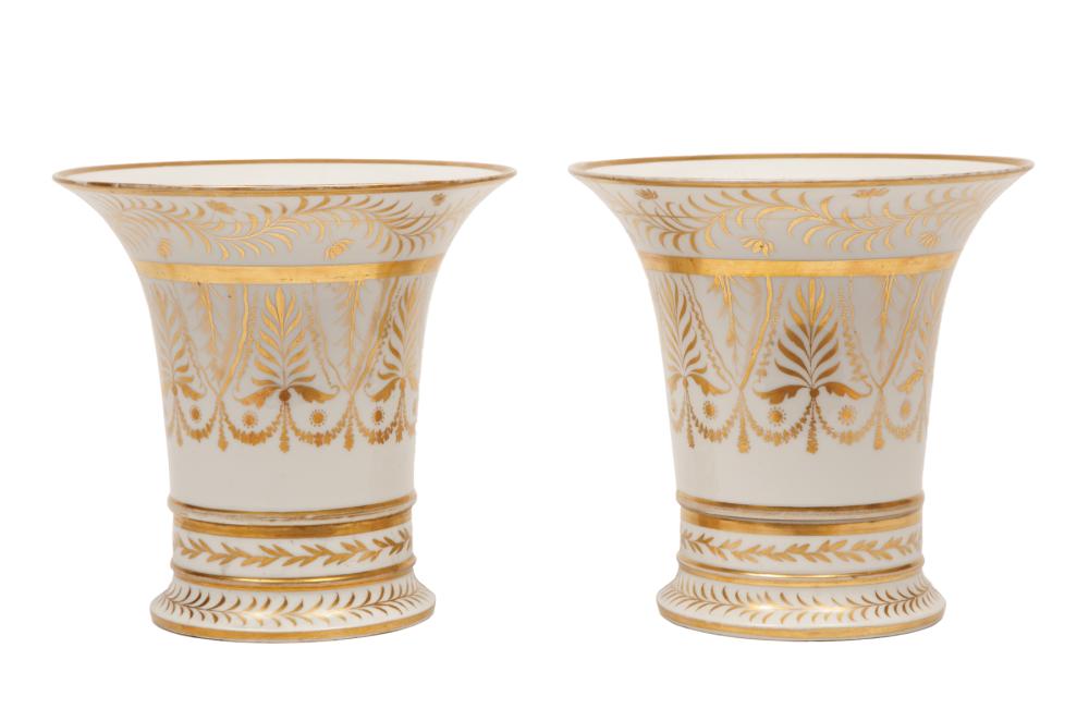 Appraisal: Pair of Paris Gilt Decorated Porcelain Cachepots on Stands th