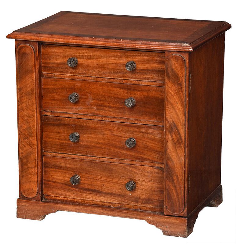 Appraisal: Miniature Wellington Four Drawer Chest British th century banded mahogany