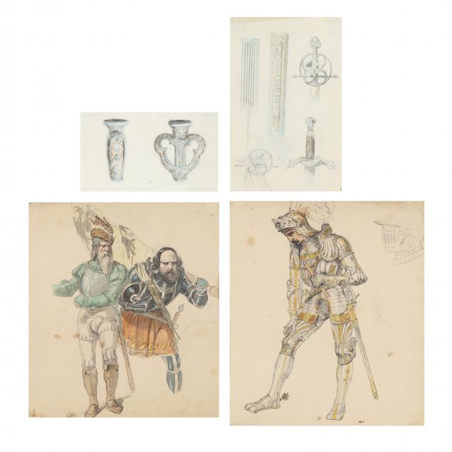 Appraisal: FOUR PEN INK WATERCOLOR AND GRAPHITE STUDIES OF RENAISSANCE MILITARIA