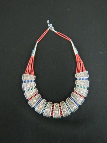 Appraisal: Coral Turquoise and Sterling Necklace tapered panels of silver flowers