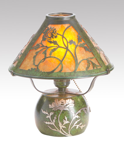 Appraisal: HEINTZ Sterling-on-Bronze boudoir lamp with poppies the conical shade lined