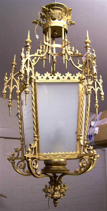 Appraisal: VICTORIAN GOTHIC BRASS HALL LANTERN CIRCA the castellated corona above