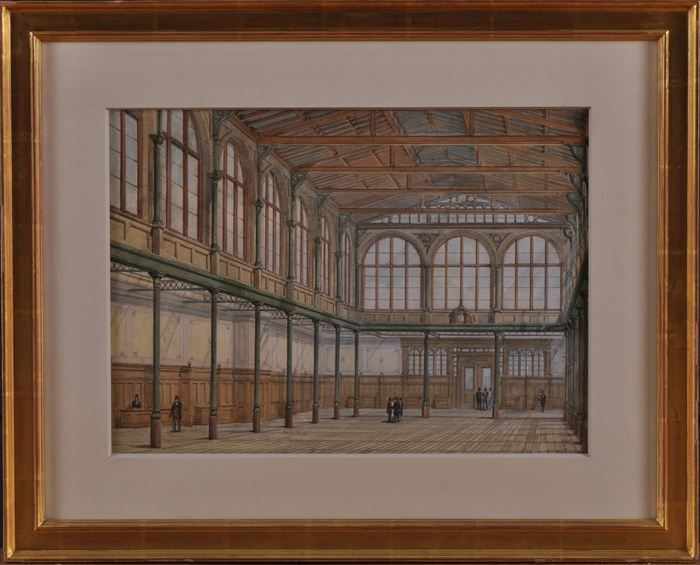 Appraisal: ENGLISH SCHOOL ARCHITECTURAL PERSPECTIVE OF A BUILDING INTERIOR Watercolor and