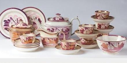 Appraisal: STAFFORDSHIRE PEARLWARE PINK LUSTRE 'HOUSE' PATTERN PART TEA SERVICE -