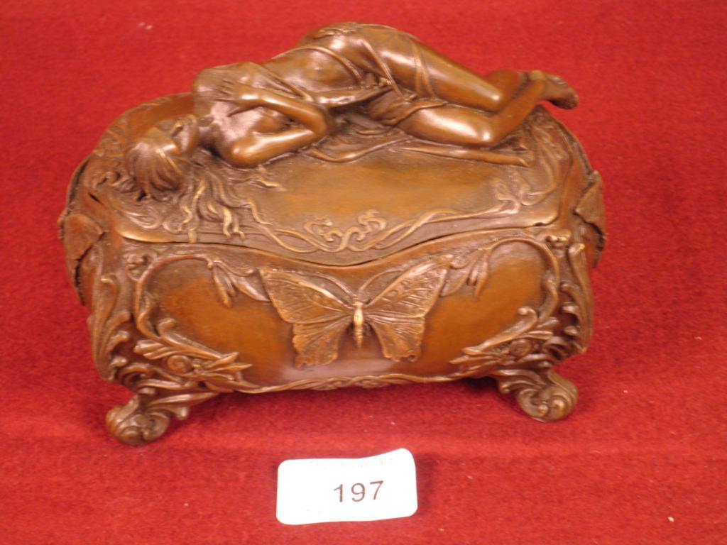 Appraisal: A continental bronze box and cover applied with a semi