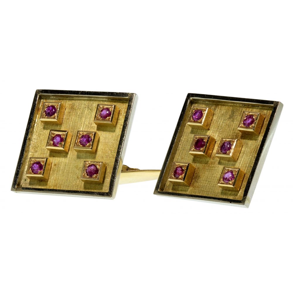 Appraisal: K BI-COLOR GOLD AND RUBY CUFFLINK SETSquare cufflinks each having