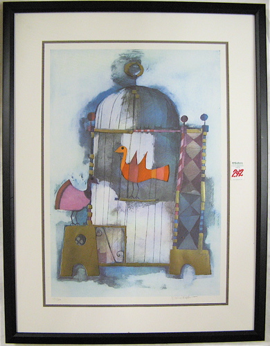 Appraisal: SIGNED EMBOSSED SERIGRAPH depicting caged bird by signed in pencil