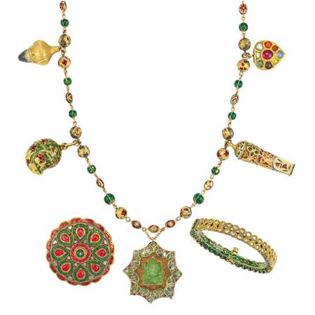 Appraisal: Indian Gold Enamel Jaipur Enamel and Foiled-Back Colored Stone Bead