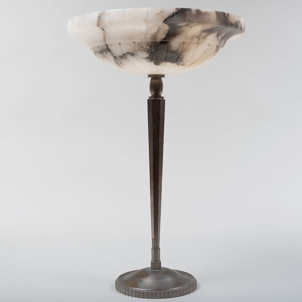 Appraisal: Art Deco Patinated Metal Lamp with Alabaster Shade in high