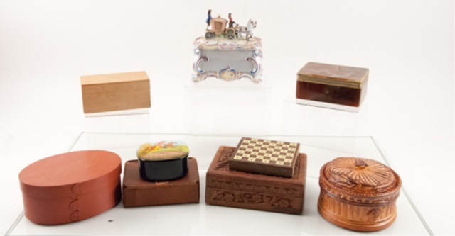 Appraisal: Nine Jewelry Dresser Boxes To include pieces German porcelain box