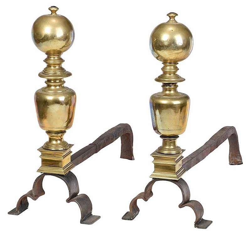 Appraisal: Pair Baroque Brass Andirons Continental th century square plinths with