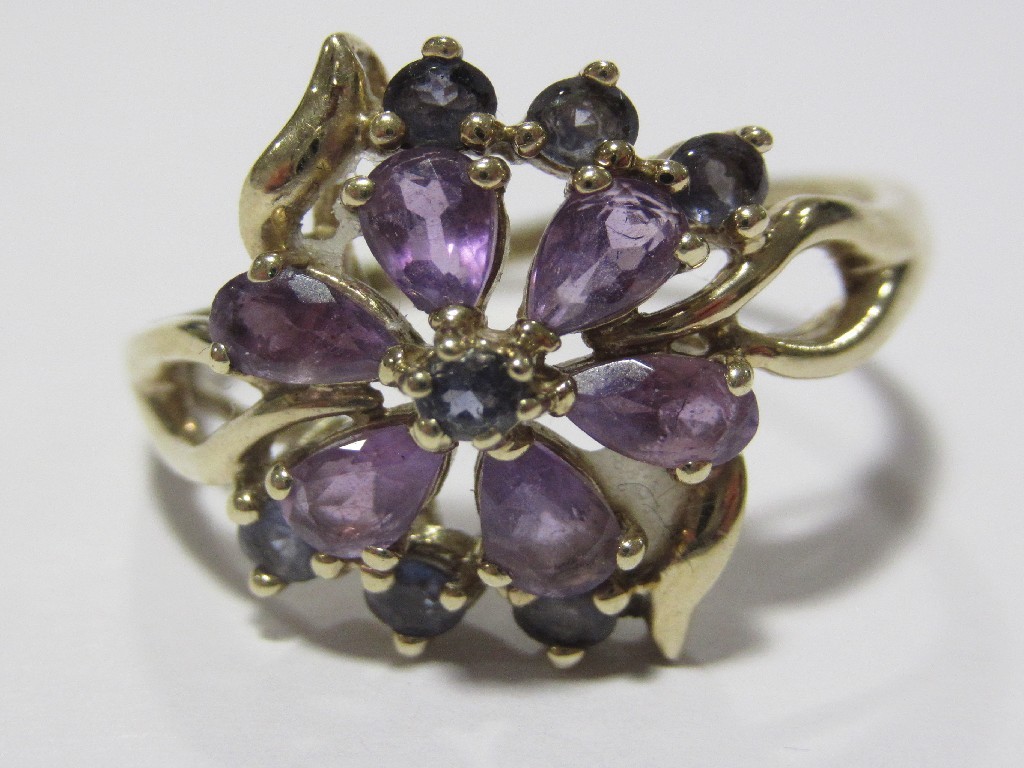 Appraisal: Nine carat gold amethyst and blue topaz flower head cluster