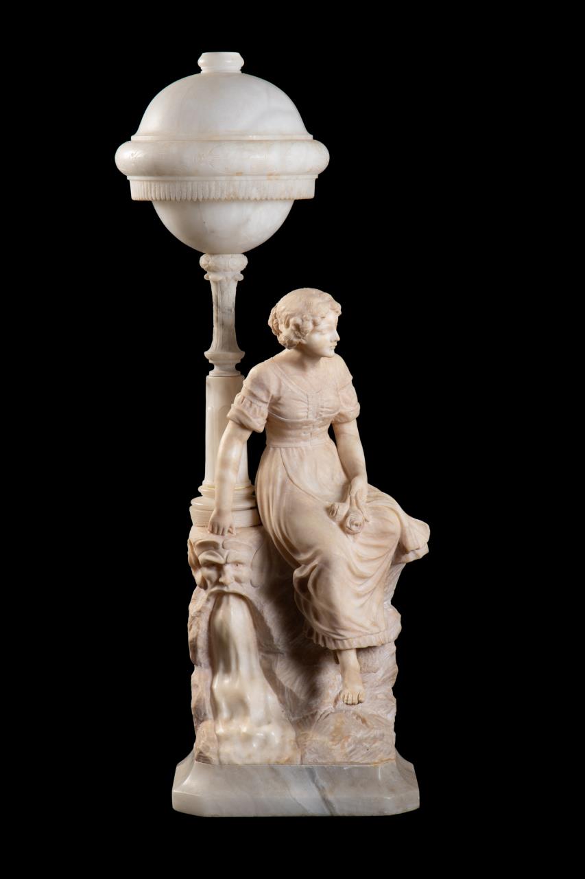 Appraisal: ITALIAN SCHOOL ALABASTER FEMALE FIGURAL LAMP Italian School Seated Maiden