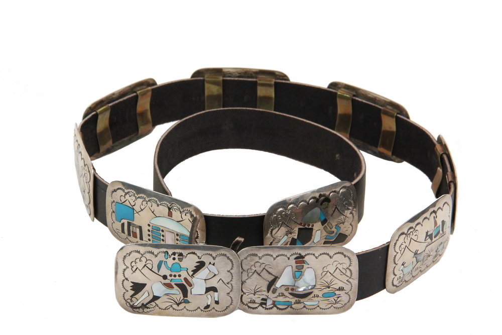 Appraisal: NATIVE AMERICAN SILVER CONCHO BELT - Navajo Inlaid Sterling Silver