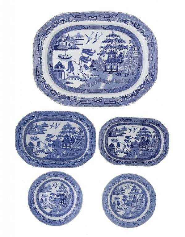 Appraisal: TWO MINTON BLUE PRINTED PEARLWARE WILLOW PATTERN BAKING DISHES A