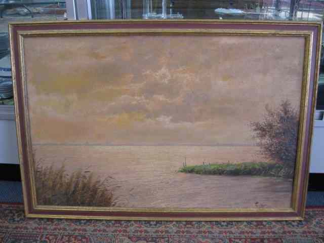 Appraisal: European Oil waterfront landscape at sunset signed illegibly on canvas