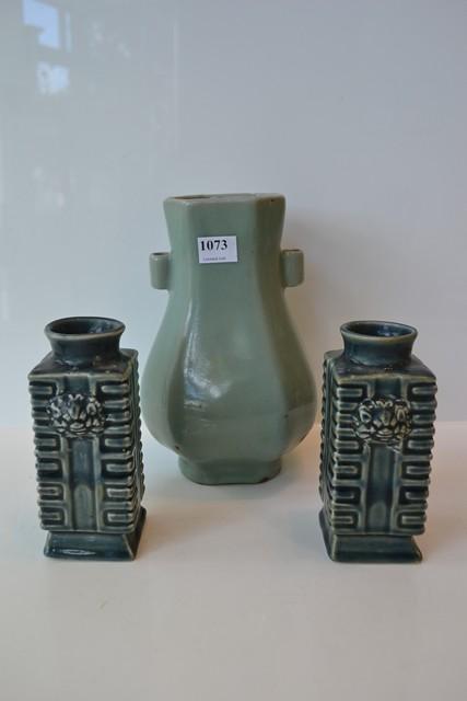 Appraisal: CELADON VASE AND A PAIR OF FO DOG HANDLED VASES