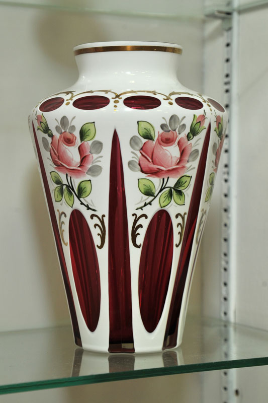 Appraisal: CUT OVERLAY VASE White cut to cranberry with gilt accents