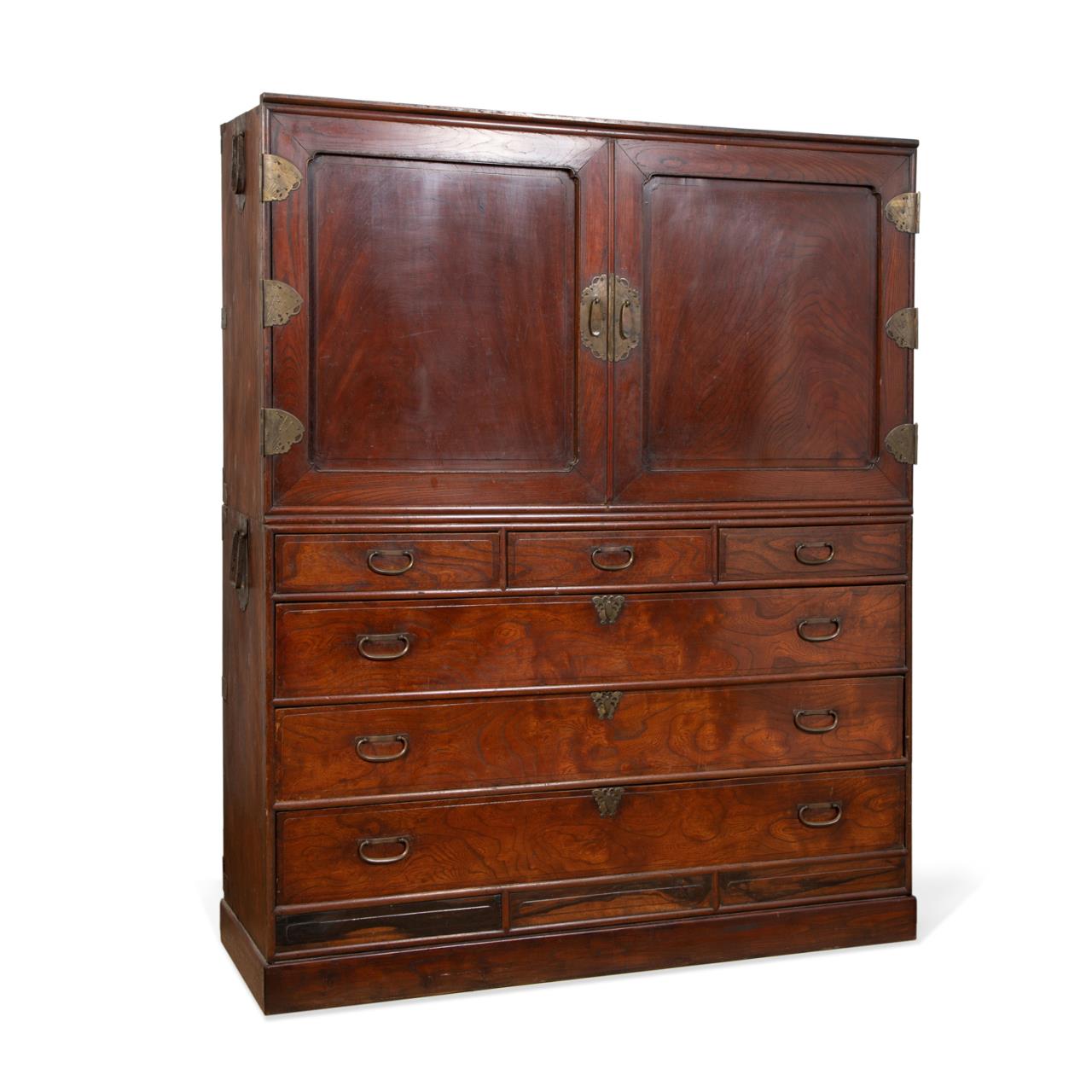 Appraisal: CHINESE RED STAINED WOOD CABINET ON CHEST Chinese cabinet on