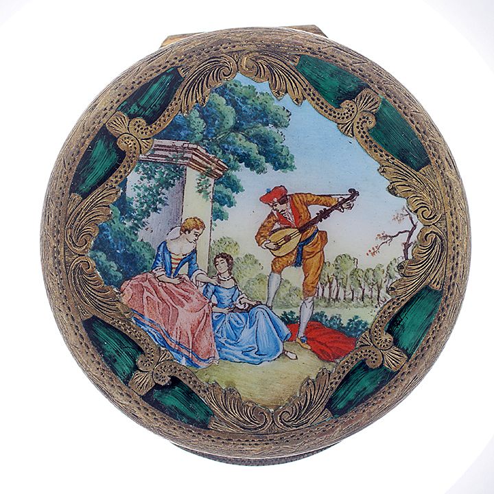 Appraisal: Italian Enamel Compact A brass and enamel compact depicting two