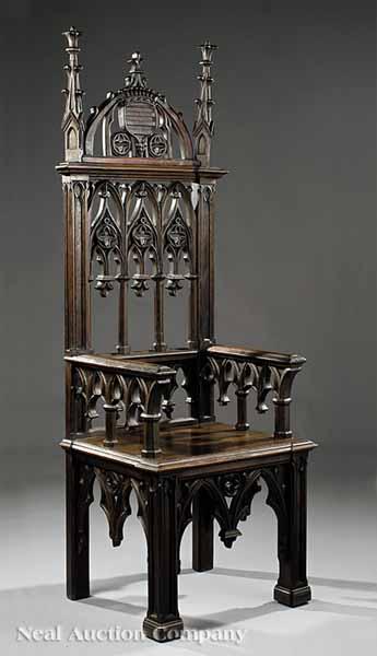 Appraisal: An American Gothic Carved Walnut Armchair mid- th c arched