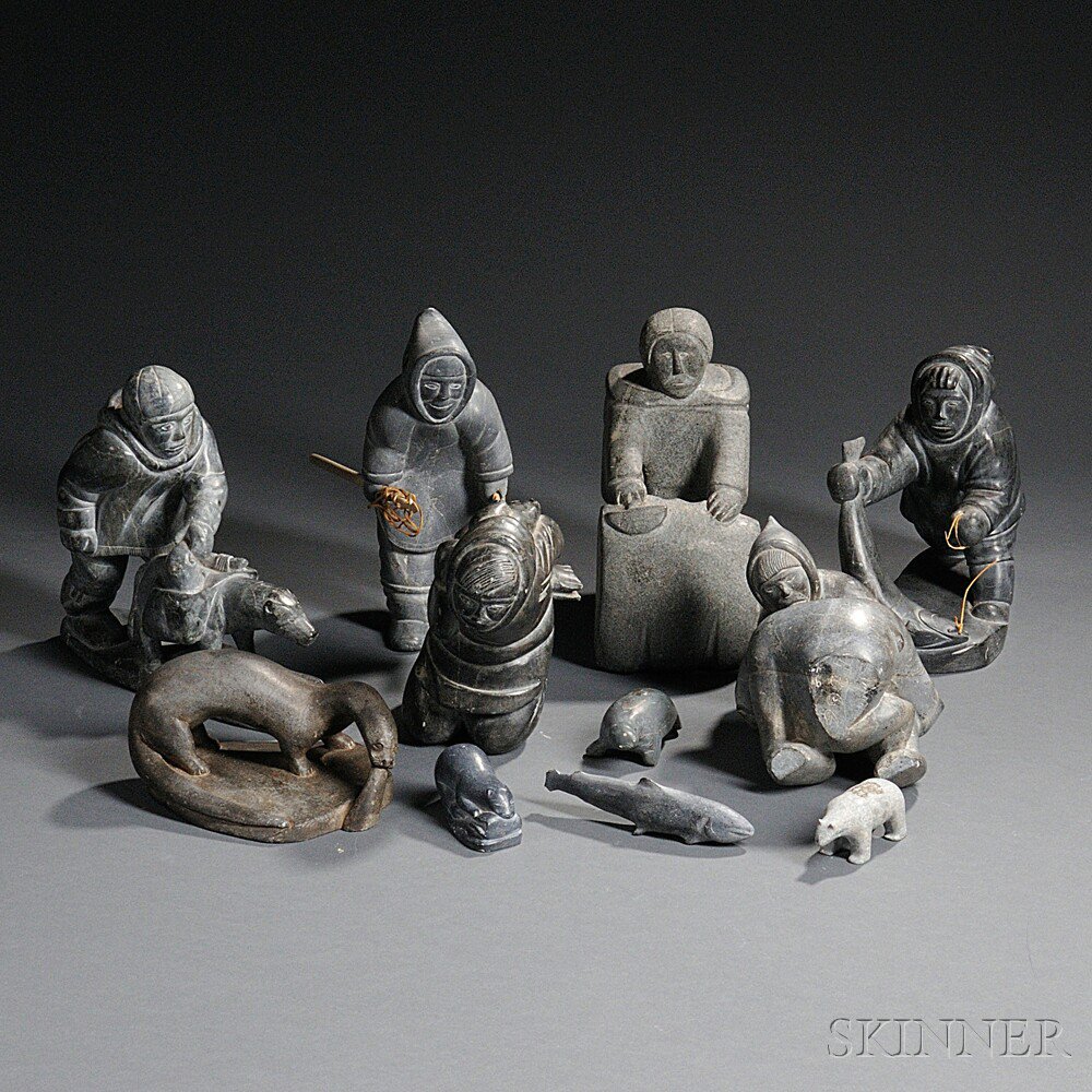 Appraisal: Eleven Inuit Figures Soapstone Including hunting scenes hunters otters small