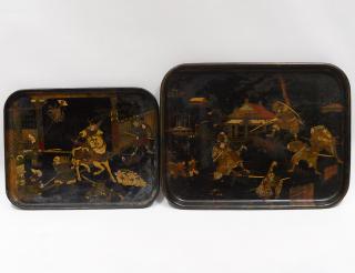 Appraisal: TWO VICTORIAN PAPIER MACHE TRAYS English th Century Each decorated