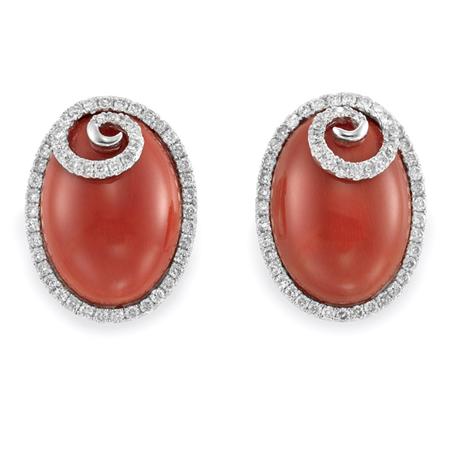 Appraisal: Pair of Coral and Diamond Earrings Estimate -