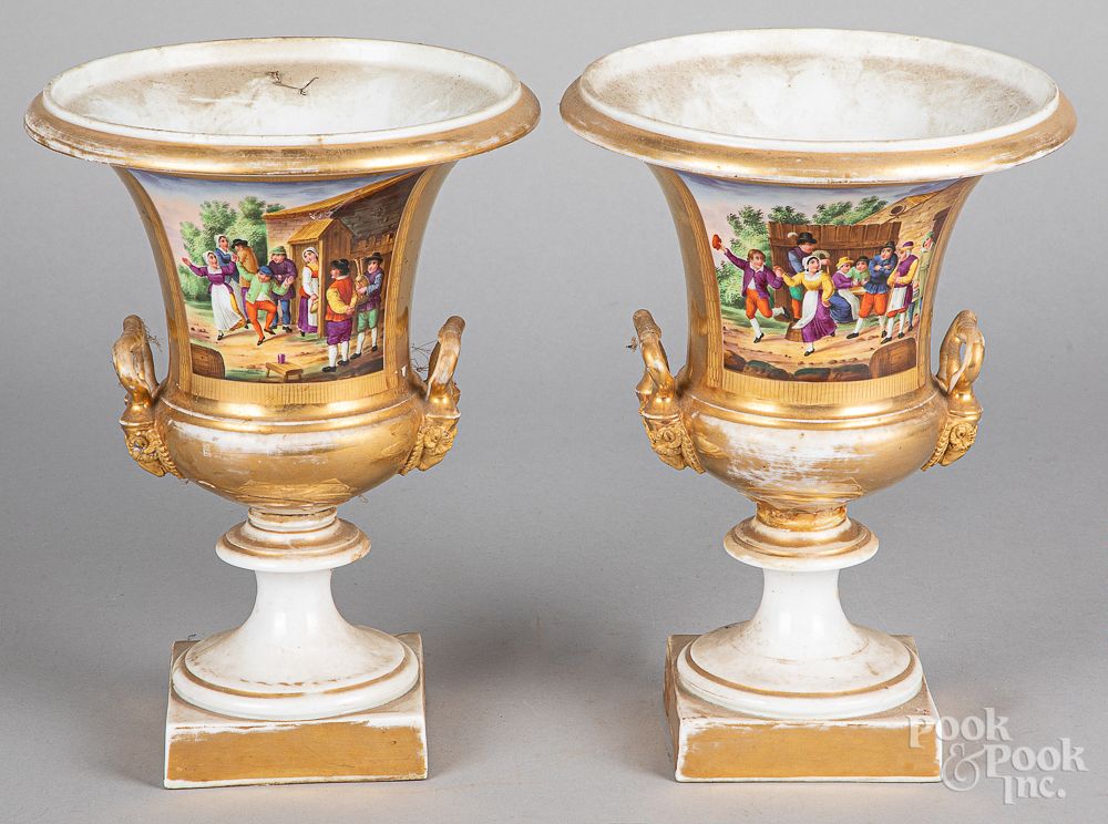 Appraisal: Pair of Paris porcelain urns th c Pair of Paris