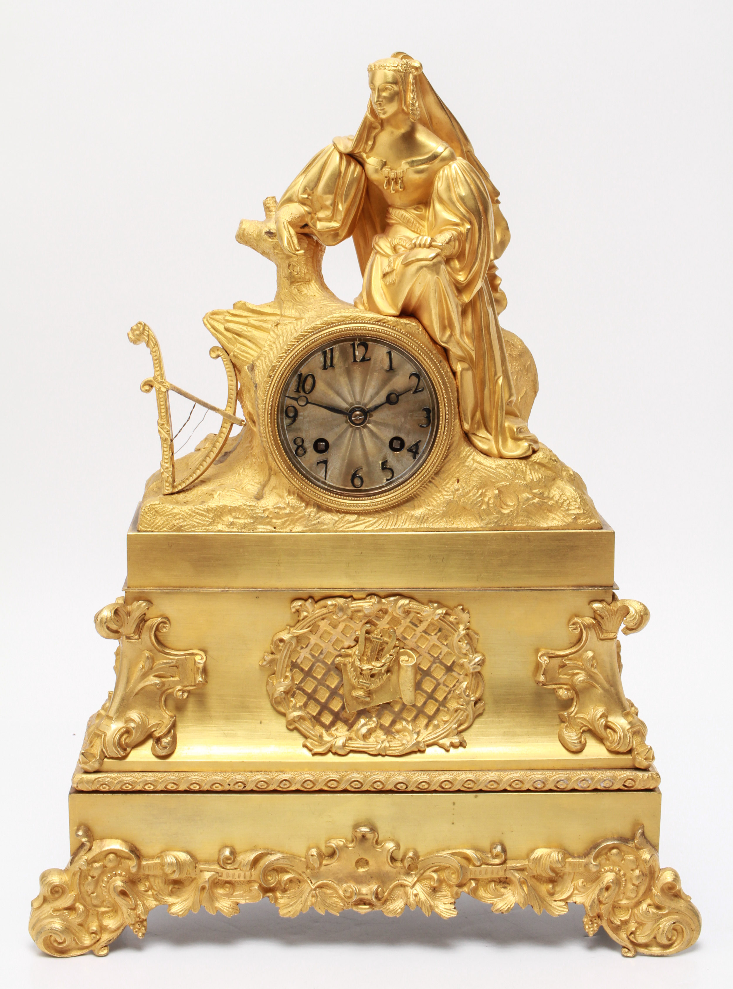 Appraisal: FRENCH GILT-BRONZE ORMOLU FIGURAL MANTEL CLOCK French gilt-bronze ormolu figural