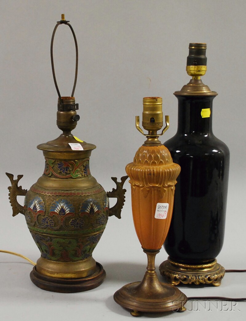 Appraisal: Three Decorative Table Lamps a Chinese brass and champleve a