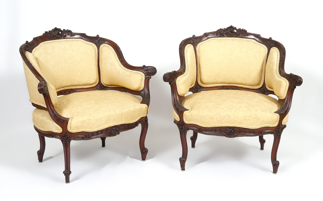 Appraisal: PAIR EARLY TH C CARVED WALNUT PARLOR CHAIRS Profusely carved