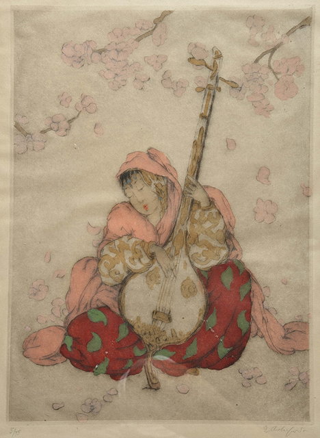 Appraisal: ELYSE ASHE LORD - A sitar player etching hand-coloured pencil