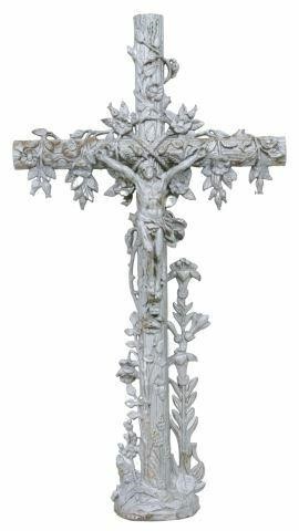 Appraisal: French silver painted cast iron cross th c figural crucifix