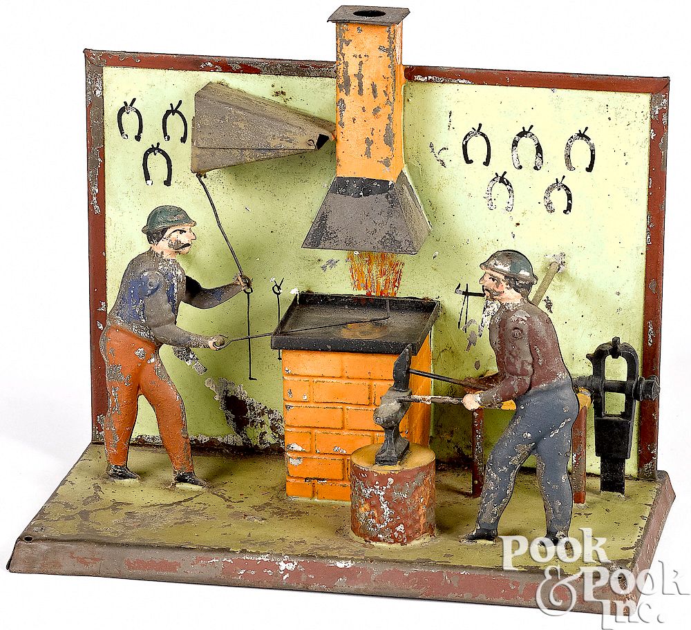 Appraisal: Becker blacksmith shop steam toy accessory Becker painted tin blacksmith