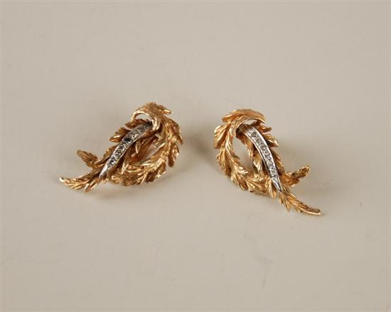 Appraisal: A Pair of Gold and Diamond Leaf-form Earrings K marked