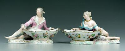 Appraisal: Pair Meissen sweetmeat stands reclining male and female figures flower