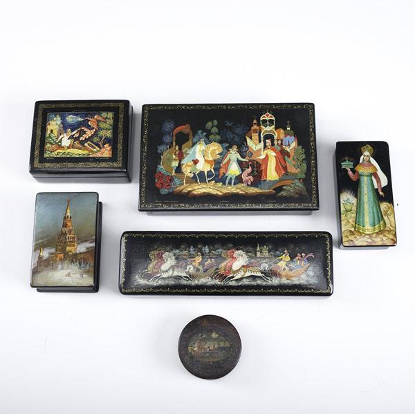 Appraisal: Six Russian boxes th C All black lacquered with painted