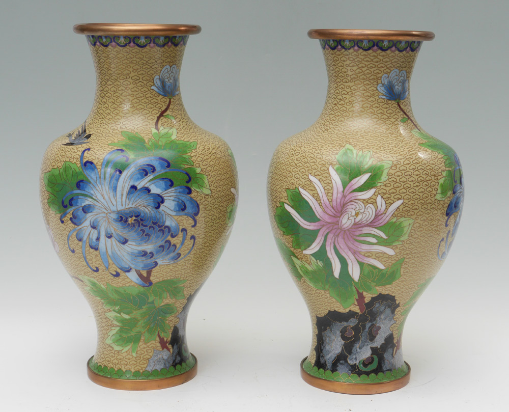 Appraisal: PAIR OF CHINESE CLOISONNE VASES Baluster form tan ground with