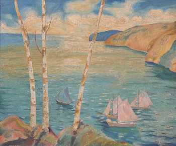 Appraisal: Ivan Rain th Century Sailboats at a shoreline Oil on