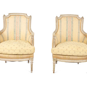 Appraisal: A Pair of Louis XVI Style Painted and Upholstered Bergeres