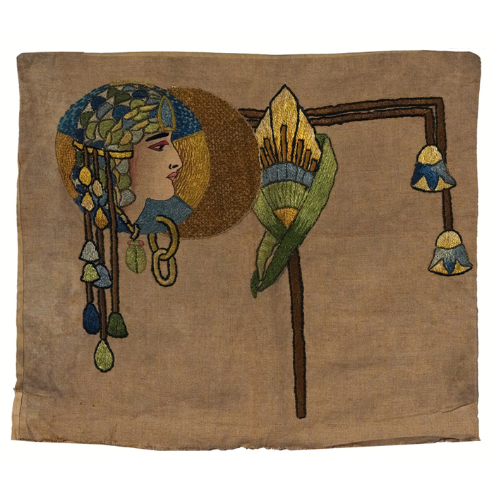 Appraisal: Exceptional Arts Crafts pillowcase colorful dyed and embroidered Egyptian motif