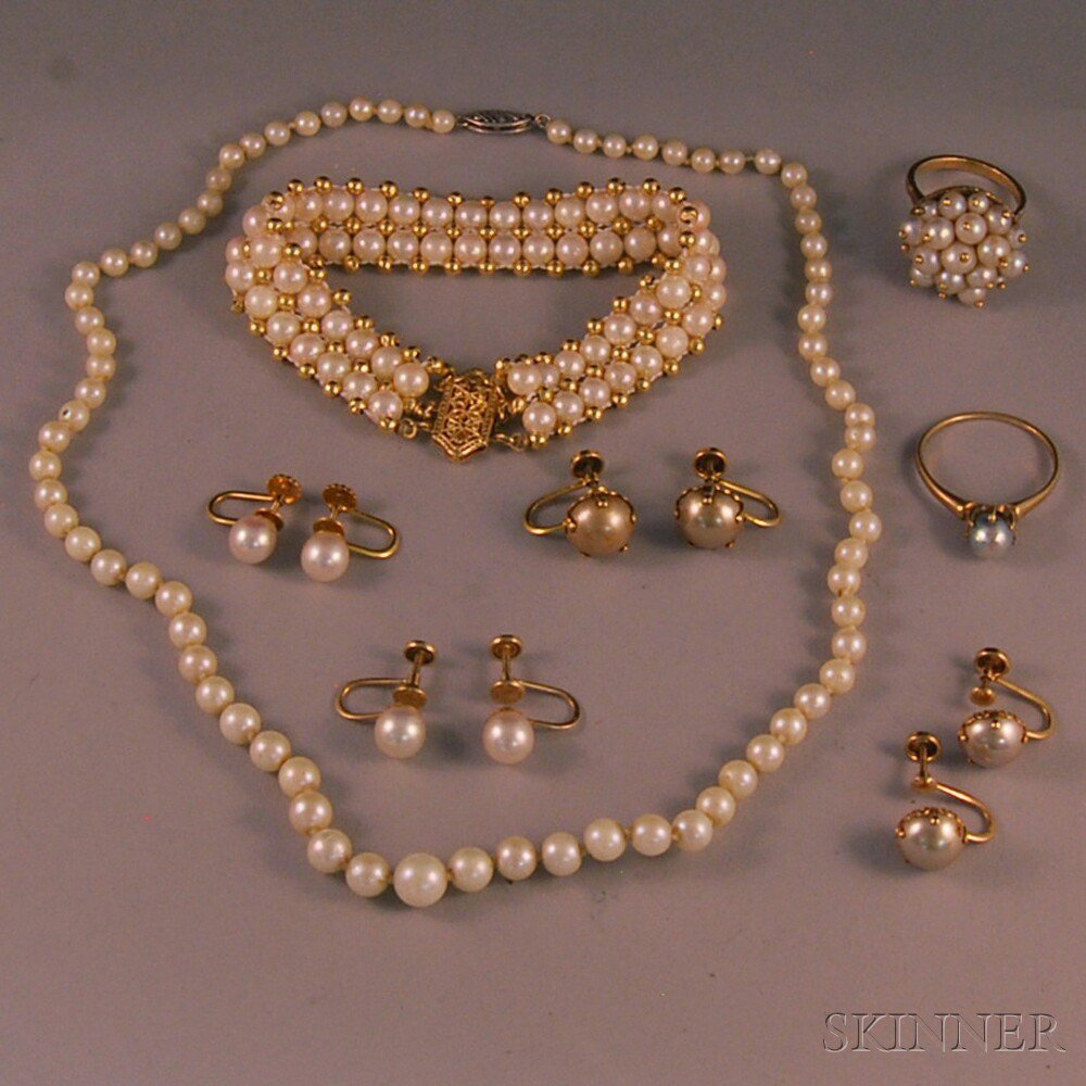 Appraisal: Group of Pearl and Gold Jewelry a double-strand bracelet with