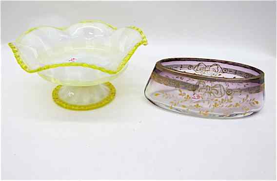 Appraisal: TWO ART GLASS BOWLS Moser bowl hand enameled oblong bowl